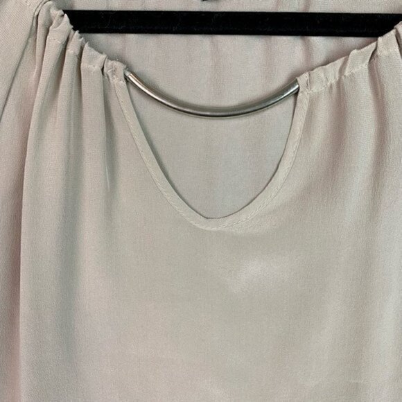 Waverly Grey Womens Blouse Beige Bishop Sleeve Keyhole Neck Ruched 100% Silk XS - Picture 5 of 9